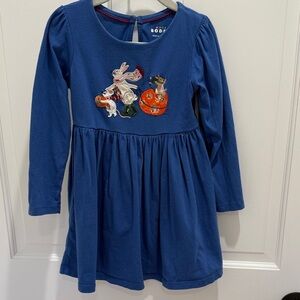Mini Boden Blue Long Sleeve Dress with Animal Fall theme Appliqué